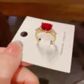 Gold-plated red heart cubic zirconia ring, elegant opening design fashion jewelry accessory for women. - No. 25 Red Heart Open Ring (Thick Real Gold Plating)