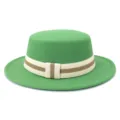 Green wool felt flat top hat with striped ribbon, classic British style winter fedora hat. - 58cm / Grass Green