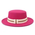 Wool felt flat-top fedora hat detail, elegant pink winter hat with striped elastic band. - 58cm / Rose Red
