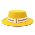 Wool flat top fedora hat detail, yellow wide brim hat with striped band for autumn winter - 58cm / Yellow