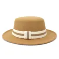 Detail view of autumn winter wool flat top fedora hat with elegant striped band decoration. - 58cm / Camel