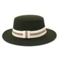 Dark green wool felt flat top hat detail showcasing the textured striped ribbon band. - 58cm / Army Green