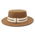 Classic British style wool flat top fedora hat with striped ribbon band for autumn winter. - 58cm / Khaki