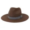 Detail chapeau fedora paille marron, chapeau de soleil tisse avec ruban bicolore ete. - Réglable / Café
