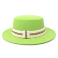 Close-up detail of the vibrant green wool felt flat-top hat with striped ribbon band. - 58cm / Fruit Green