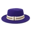 Detailed close-up view of elegant purple wool flat top fedora hat with striped elastic band. - 58cm / Purple