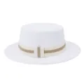 Close-up detail of the elegant white woolen flat top fedora hat with stylish striped ribbon. - 58cm / White