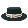 Detailed view of dark green woolen flat-top hat featuring striped elastic band decor. - 58cm / Dark Green