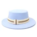 Detailed view of light blue wool flat-top fedora hat with elegant striped elastic ribbon. - 58cm / Sky Blue