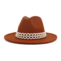 Women woolen fedora hat autumn winter elegant wide brim jazz hat with pearl decoration detail - 58cm / Rust Red