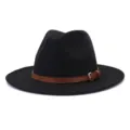 Classic Wool Fedora Hat Men Women Wide Brim Jazz Cap Winter British Style Leather Belt - 58cm / Black
