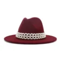 Exquisite detail of the wine red woolen fedora hat featuring a stunning multi-layer pearl band. - 58cm / Burgundy