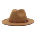 Classic brown wool fedora hat detail, featuring a stylish leather belt strap and metal buckle. - 58cm / Khaki