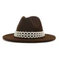Brown woolen fedora hat with elegant wide pearl band detail, perfect for autumn and winter. - 58cm / Coffee