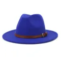 Detailed close-up of a royal blue wool fedora hat featuring a brown leather strap and metal buckle. - 58cm / Sapphire Blue