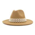 Detail view of a camel wool felt fedora hat featuring an elegant wide woven pearl band trim. - 58cm / Camel
