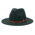 Close-up detail of dark green woolen felt fedora hat with brown leather strap and metal buckle. - 58cm / Dark Green