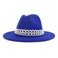 Blue wool fedora detail showcasing elegant handmade pearl beaded band and wide brim design. - 58cm / Sapphire Blue