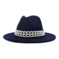 Detailed view of the dark blue woolen fedora hat featuring an intricate pearl beaded band. - 58cm / Navy Blue