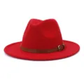 Detail view of red woolen fedora hat with brown leather belt and metal buckle, British style. - 58cm / Red