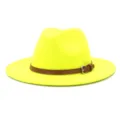 Neon yellow wool felt fedora hat with brown leather belt detail, wide flat brim winter style. - 58cm / Neon Yellow