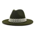Elegant dark green wool fedora hat featuring a stunning white pearl band and wide flat brim. - 58cm / Army Green
