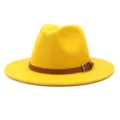 Yellow wool fedora hat with brown leather belt and buckle detail, classic British style. - 58cm / Yellow