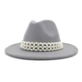 Close-up detail of grey wool fedora hat with elegant multi-layer pearl woven band trim. - 58cm / Light Gray