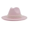 Pink wool fedora hat for women, elegant wide brim jazz cap adorned with delicate pearl band. - 58cm / Pink