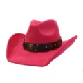 Pink faux suede cowboy hat with brown band studs, wide brim western fedora jazz hat for women. - 58cm / Rose Red