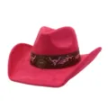 Pink suede cowboy hat detail, vintage western style with bull embroidery and metal badge. - 58cm / Rose Red