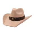 Vista de detalle del sombrero de vaquero western de ante sintético beige con banda de cuero. - 58cm / Champán