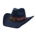 Detailed view of a navy blue western cowboy hat in soft faux suede with embroidered bull skull. - 58cm / Navy Blue