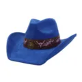 Blue suede cowboy hat with brown leather band, bull skull metal buckle and western style. - 58cm / Sapphire Blue