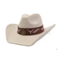 Western style cowboy hat detail, soft suede wide-brim fedora with leather strap and pink details. - 58cm / Beige