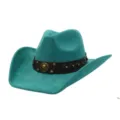Detalle sombrero vaquero western de ante azul, sombrero fedora jazz ala ancha con tachuelas. - 58cm / Azul Pavo Real Claro