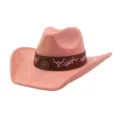 Pink suede western cowboy hat detail, featuring brown band, metal studs, and bull skull embroidery. - 58cm / Rose Quartz