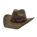 Detailed view of the brown suede cowboy hat featuring pink bull embroidery and metal studs. - 58cm / Army Green