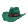 Green soft faux suede western cowboy hat featuring brown leather band and metal bull decor. - 58cm / Green
