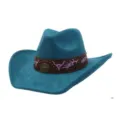 Blue suede cowboy hat with brown leather band, metal studs, and bull embroidery for women. - 58cm / Peacock Dark Blue