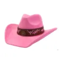 Pink suede western cowboy hat detail, showcasing brown band, bull skull embroidery and metal. - 58cm / Barbie Pink