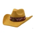 Yellow faux suede cowboy hat with brown band, pink bull embroidery and metal bull head emblem. - 58cm / Turmeric