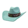 Light blue suede cowboy hat featuring brown band and pink embroidered bull skulls. - 58cm / Mint Green