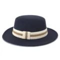 Classic navy blue wool flat top fedora hat with a stylish beige and brown elastic ribbon band. - 58cm / Dark Gray