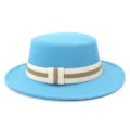 Close-up detail of the light blue felt flat top hat featuring a stylish striped ribbon band. - 58cm / Lake Blue