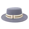 Detail view of a stylish grey wool flat top fedora hat with a striped elastic decorative band. - 58cm / Light Gray