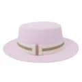 Close-up detail of the pink wool flat-top fedora hat with elegant striped ribbon band. - 58cm / Pink