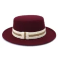 Classic flat top wool fedora hat for men and women, wide brim winter fashion hat detail. - 58cm / Burgundy