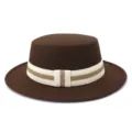 Brown flat top wool fedora hat with striped band stylish autumn winter unisex headwear - 58cm / Coffee