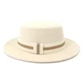 Unisex winter wool felt flat top fedora hat with stylish striped ribbon band for men women - 58cm / Beige
